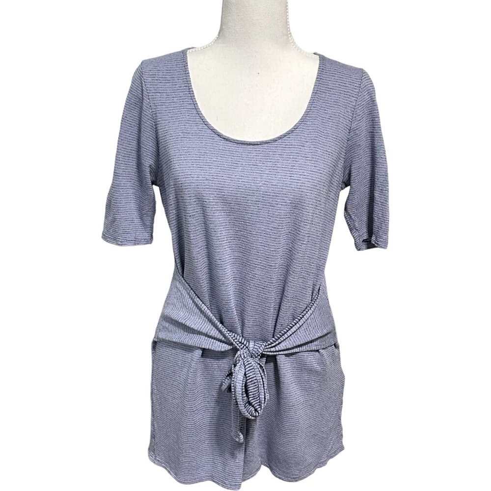 Pure Jill Linen Blend Stretch Subtle Striped Tie Waist Short Sleeve Top (S)